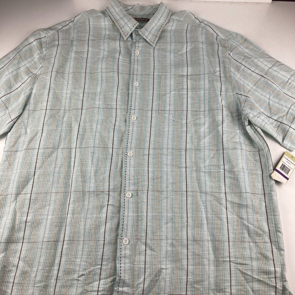 Cubavera Mens XXL Linen Rayon Plaid Shirt Short Sleeve Resort Camp NWT